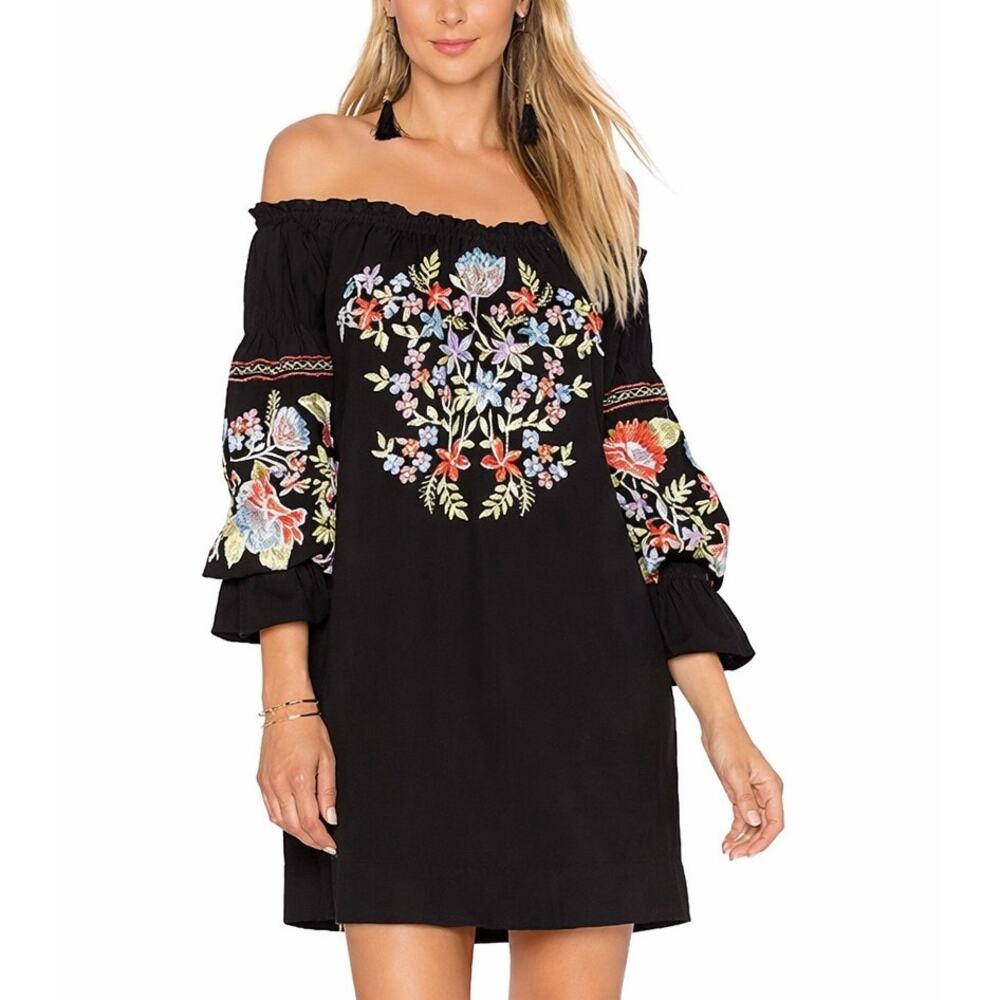 Free People Fleur Du Jour Embroidered Off Shoulder Mini Dress Black Size S